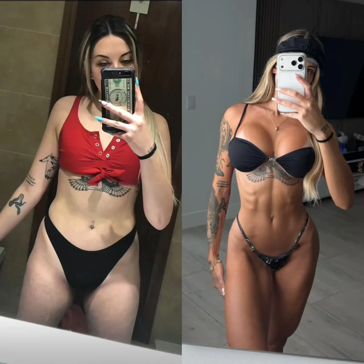 Antes y después de Eire Plata: a la izquierda al empezar, a la derecha hoy con el abdomen marcado